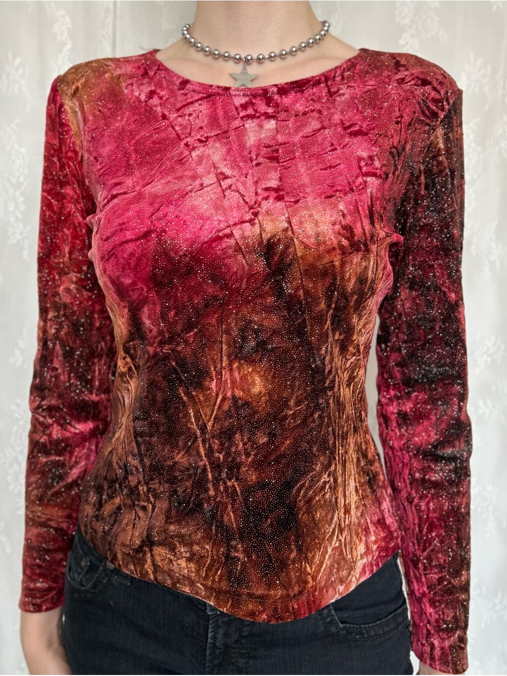 Vintage Whimsygoth Red & Brown Velvet Top